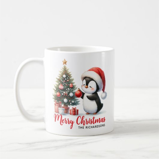 Modern White and Red Fun Pinguin Frohe Weihnachten Kaffeetasse (Links)