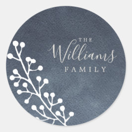 Modern White Berries Sprig Dark Blue Christmas Runder Aufkleber