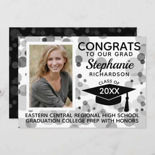 Modern White Black Bokeh Bubbles Foto Abschluss Einladung (Vorne/Hinten)