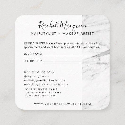 Modern White Black Marble Script Empfehlungskarte (Rückseite)
