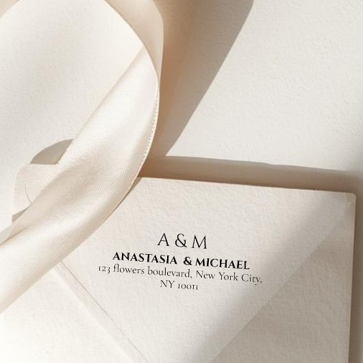Modern white black minimal wedding return adress permastempel