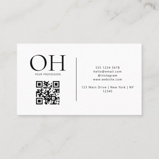 Modern White Black Script QR Code Monogram Visitenkarte (Rückseite)
