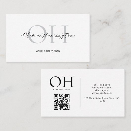 Modern White Black Script QR Code Monogram Visitenkarte (Vorne/Hinten)