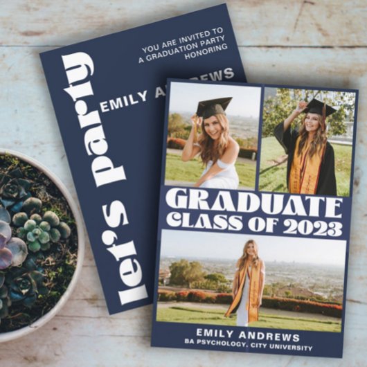 Modern White & Blue 3 Foto Grad Party Einladung