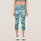Modern White Blue Green Cherry Blossom Wasserfarbe Capri Leggings (Vorderseite)