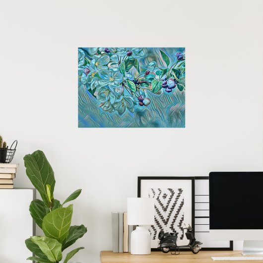 Modern White Blue Green Cherry Blossom Wasserfarbe Poster (Heimbüro)