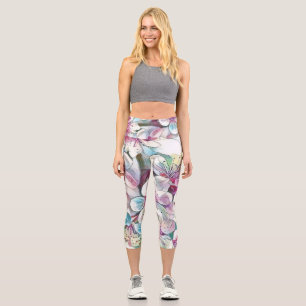 Modern White Blue Pink Cherry Blossom Wasserfarbe Capri Leggings