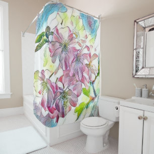 Modern White Blue Pink Cherry Blossom Wasserfarbe Duschvorhang