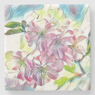 Modern White Blue Pink Cherry Blossom Wasserfarbe Steinuntersetzer