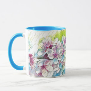 Modern White Blue Pink Cherry Blossom Wasserfarbe Tasse