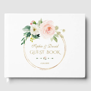 Modern White Blush Blumenblume Gold Hochzeit Gästebuch