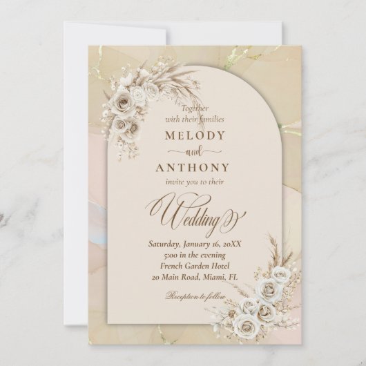 Modern White Boho Floral Arch Wedding Invitation Einladung (Vorderseite)