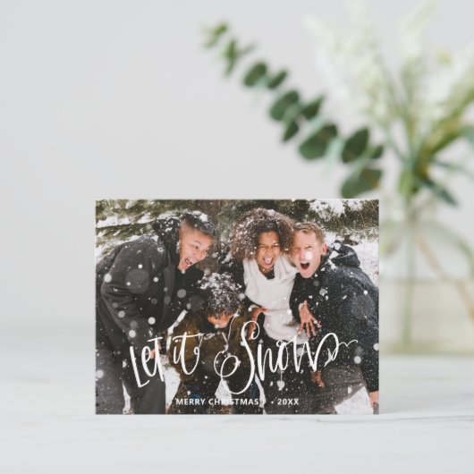 Modern White Bold Fun Script Let It Snow Foto Postkarte (Stehend Vorderseite)