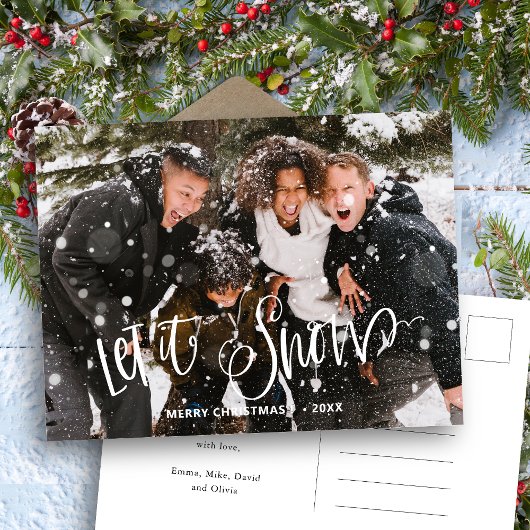 Modern White Bold Fun Script Let It Snow Foto Postkarte