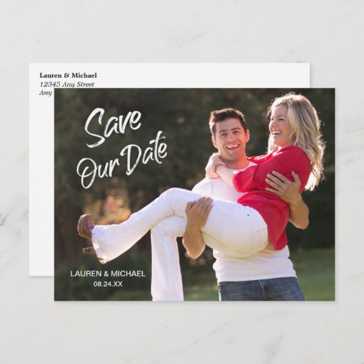 Modern White Brush Script Save the Date Hochzeit Postkarte (Vorne/Hinten)