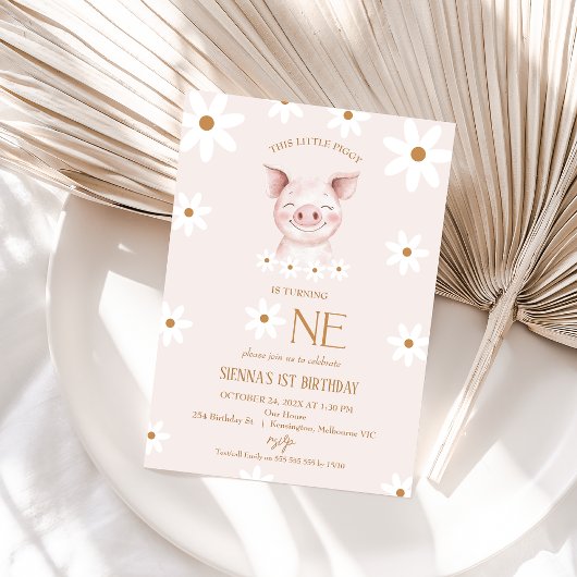 Modern White Daisy Little Piggy 1. Geburtstag Einladung