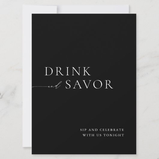 Modern White Drink & Savor Wedding Bar Sign Einladung (Vorderseite)