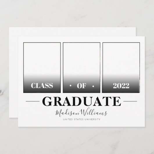 Modern White Elegante Foto Collage Abschluss Einladung (Vorne/Hinten)