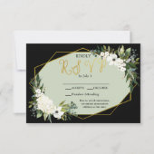 Modern White Floral Black & Gold Geometric RSVP Karte (Vorderseite)