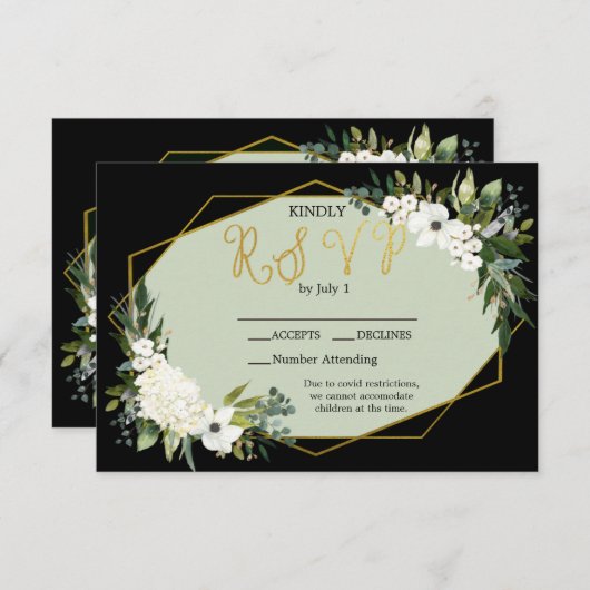 Modern White Floral Black & Gold Geometric RSVP Karte (Vorne/Hinten)