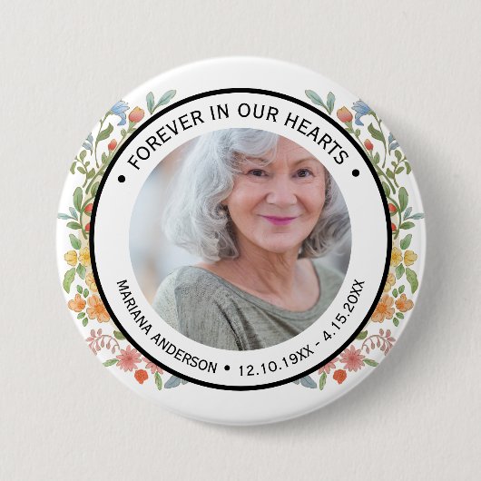 Modern White Floral Forever in our Hearts Memorial Button (Vorderseite)