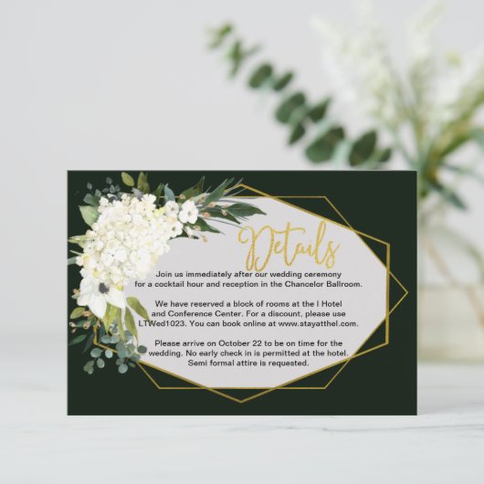 Modern White Floral Gold Geometrische Schwarze Det Begleitkarte (Stehend Vorderseite)