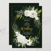 Modern White Floral Greenerie Gold Frame Wedding Einladung (Vorne/Hinten)
