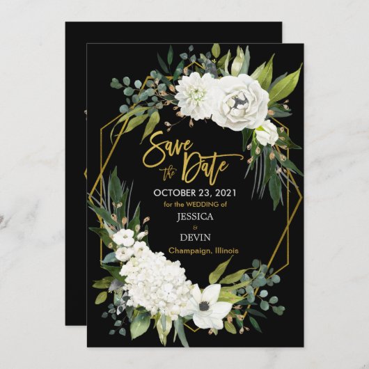 Modern White Floral Velvet Black Gold Geometric Save The Date (Vorne/Hinten)