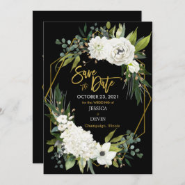 Modern White Floral Velvet Black Gold Geometric Save The Date