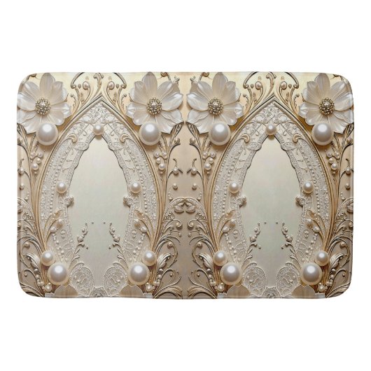 Modern White Flowers Pearls Bath Mat Badematte (Vorderseite)