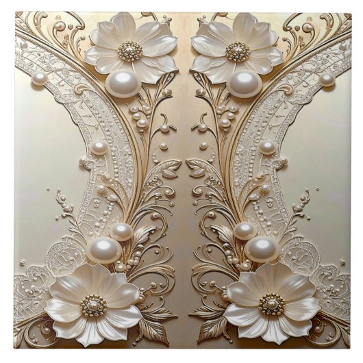 Modern White Flowers Pearls Ceramic Tile Fliese (Vorderseite)