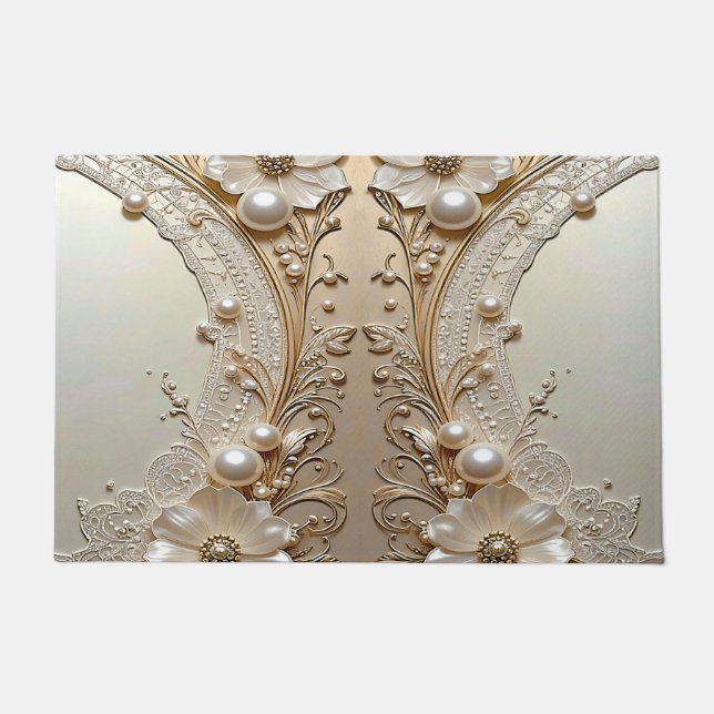 Modern White Flowers Pearls Doormat Fußmatte (Vorderseite)