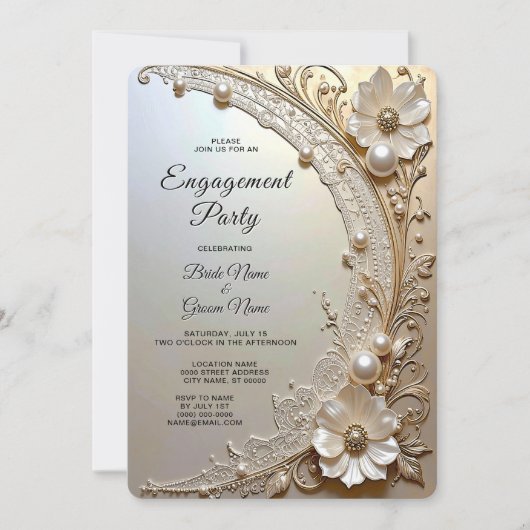 Modern White Flowers Pearls Engagement Invitation Einladung (Vorderseite)