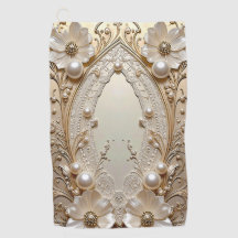 Modern White Flowers Pearls Golf Towel