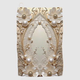 Modern White Flowers Pearls Golf Towel Golfhandtuch