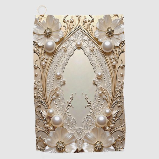 Modern White Flowers Pearls Golf Towel Golfhandtuch (Vorderseite)