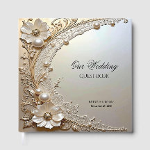 Modern White Flowers Pearls Guest Book