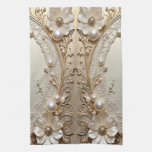Modern White Flowers Pearls Kitchen Towel
