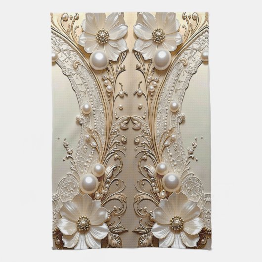 Modern White Flowers Pearls Kitchen Towel Geschirrtuch (Vertikal)