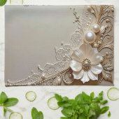 Modern White Flowers Pearls Kitchen Towel Geschirrtuch (Gefaltet)