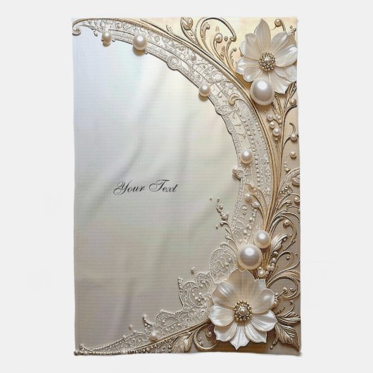 Modern White Flowers Pearls Kitchen Towel Geschirrtuch (Vertikal)
