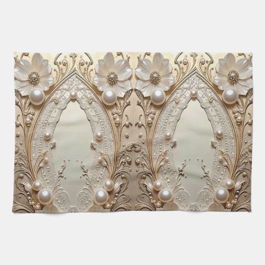 Modern White Flowers Pearls Kitchen Towel Geschirrtuch (Horizontal)