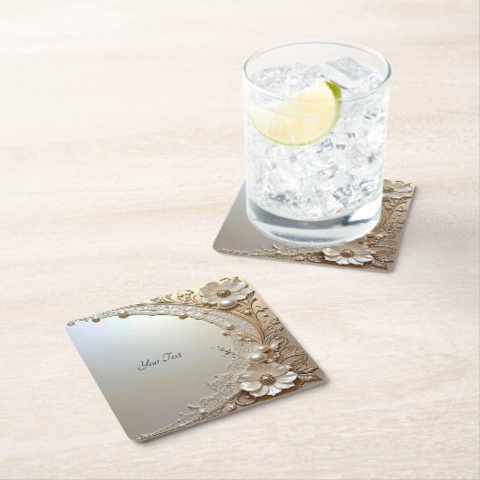 Modern White Flowers Pearls Paper Coaster Rechteckiger Pappuntersetzer (Vor Ort)