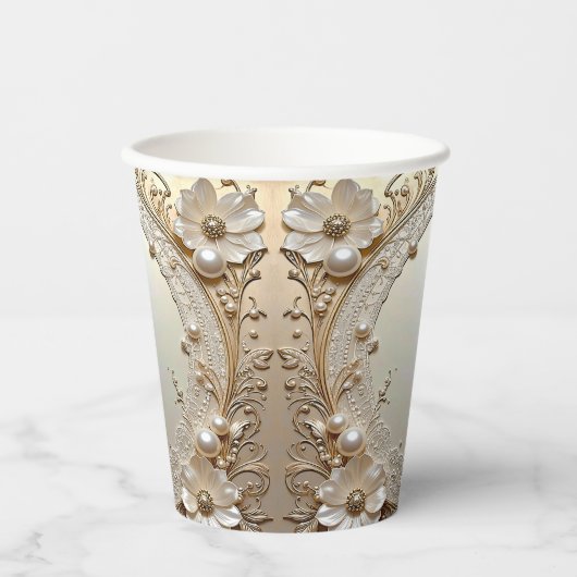 Modern White Flowers Pearls Paper Cups Pappbecher (Vorderseite)