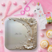 Modern White Flowers Pearls Paper Plate Pappteller (Party)