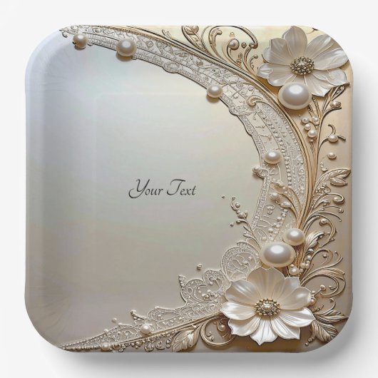 Modern White Flowers Pearls Paper Plate Pappteller (Vorderseite)
