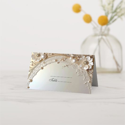 Modern White Flowers Pearls Place Card Platzkarte (Vorderseite)