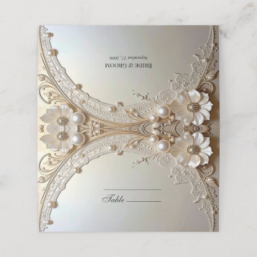 Modern White Flowers Pearls Place Card Platzkarte (Außenseite Aufgefaltet)