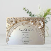 Modern White Flowers Pearls Save The Date (Stehend Vorderseite)