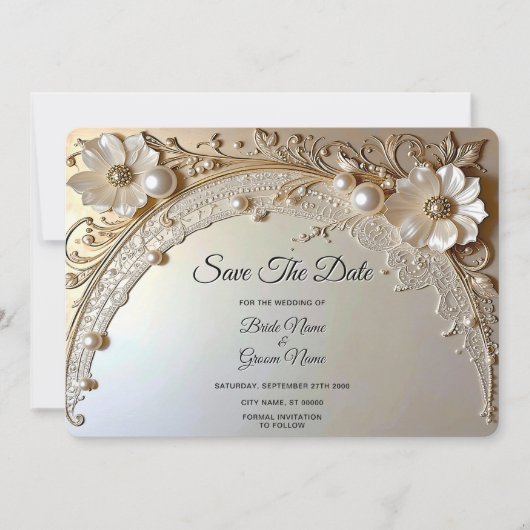 Modern White Flowers Pearls Save The Date (Vorderseite)